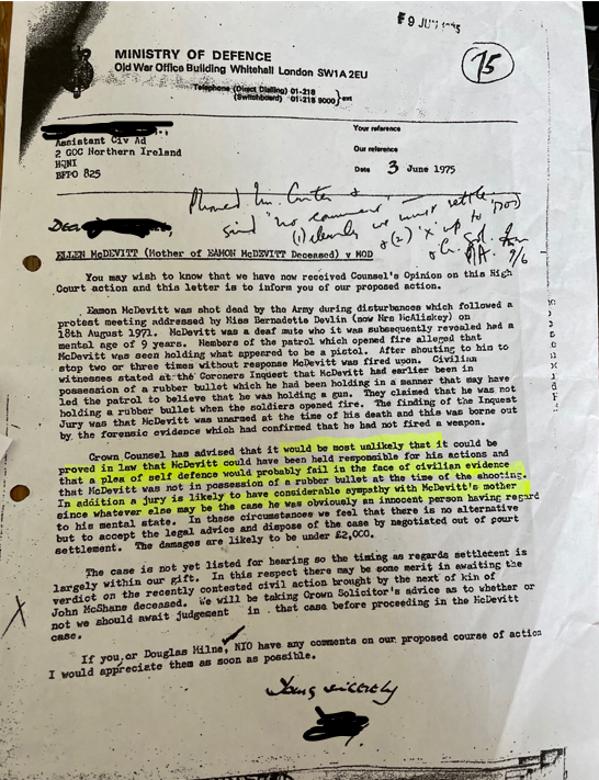 MOD letter to NIO McDevitt 1975